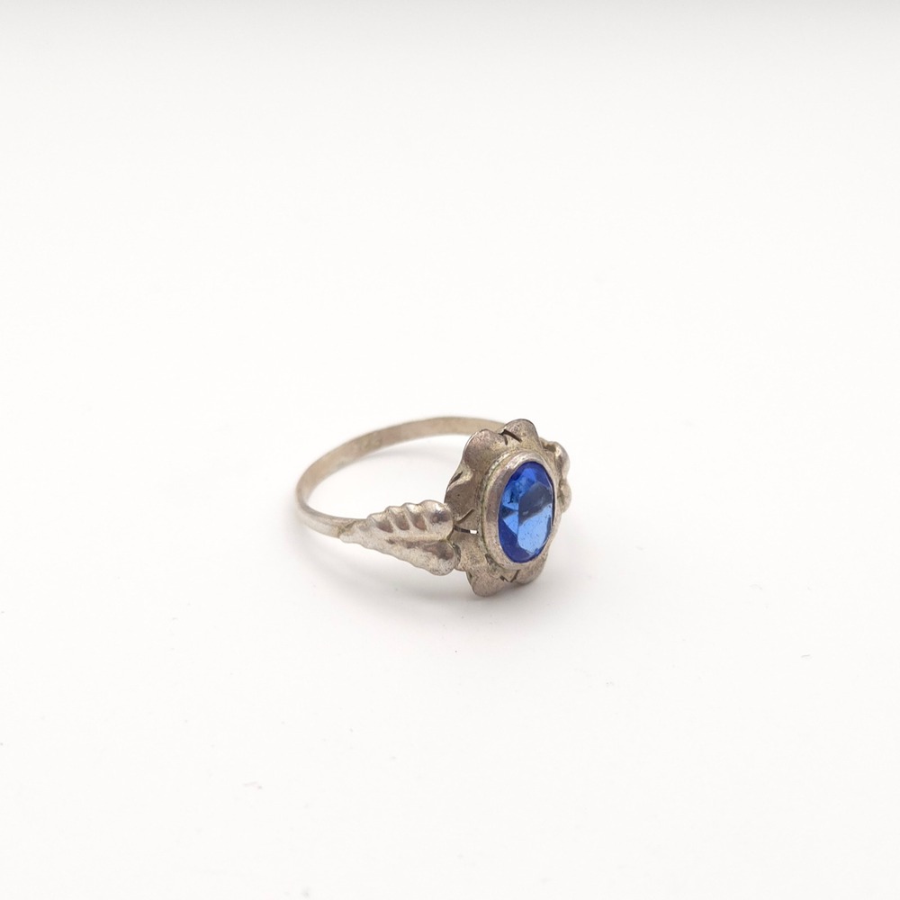 Vintage‎ Sterling Silver Blue Stone Floral Leaf Ring Size 6.5 925 Estate
